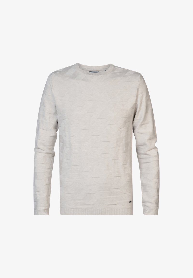 Sweatshirt en tricot gris clair avec un motif géométrique texturé, col rond et manches longues. Comprend un ourlet et des poignets à côtes.