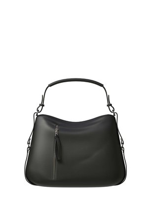 Black leather handbag with a top handle and front vertical zip pocket, featuring a detachable shoulder strap and a smooth, curved design.