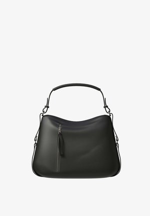 Black leather handbag with a top handle and front vertical zip pocket, featuring a detachable shoulder strap and a smooth, curved design.