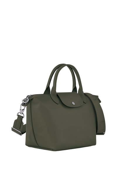 Olive-green tote bag made of smooth material with dual top handles, detachable shoulder strap, and a snap closure. Silver hardware accents.