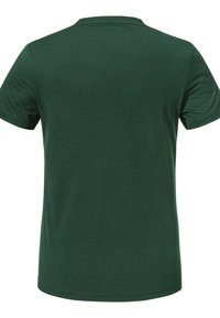 Dunkelgrünes T-Shirt mit kurzen Ärmeln aus weichtexturiertem Stoff, Rundhalsausschnitt und subtilen horizontalen Streifen. Einfache Rückengestaltung.