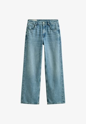 Lichtblauwe spijkerbroek met een rechte, brede pijp, een knoopsluiting aan de voorkant en een ontwerp met vijf zakken.