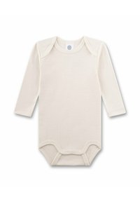 Langsleeve bodysuit in zachte, cream kleurige katoen. Beschikt over een envelophals, drukknopen aan de onderkant en een gladde, geribbelde structuur.