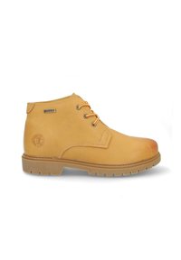Botín de cuero impermeable color canela con suela gruesa y cordones amarillo-naranja, visto de lado sobre un fondo blanco.