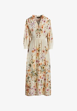 Vestido maxi floral en tejido crema. Presenta un cuello, cierre de botones, cintura elástica y mangas largas abullonadas. Decorado con coloridos patrones de flores.