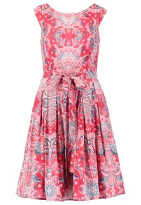 Rotes Blumendruck-Kleid mit enganliegendem Oberteil, rundem Ausschnitt und kurzen Ärmeln. Der ausgestellte Rock und der Bindegürtel betonen die Taille. Weicher Stoff mit angenehmer Textur.