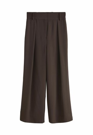 Dunkelbraune breite Hosen mit hoher Taille, Gürtelschlaufen und vorderen Falten, flach auf weißem Hintergrund präsentiert.