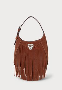 Brown suede handbag with fringe detail, silver hardware, and a curved shoulder strap. Features a decorative clasp at the front.