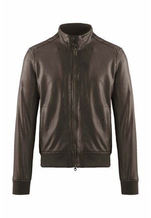 Dunkelbraune Lederjacke mit Frontreißverschluss, Stehkragen mit Knopfleiste, Seitentaschen sowie gerippten Bündchen und Saum.