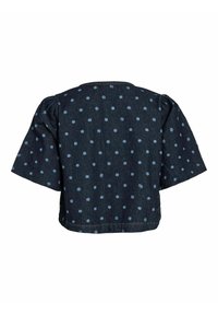 Haut en denim à manches courtes et coupe courte. Présente un fond bleu foncé avec des pois bleu clair. Texture douce et coutures simples.