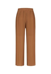 Brown, pleated, wide-leg trousers with an elastic waistband. Smooth texture, falling straight to the hem, featuring vertical line patterns.