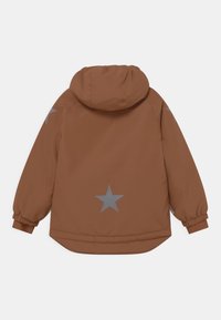 Brun huva jacka med elastiska ärmar, med silverstjärnor utspridda över ryggen. Slät, lättviktsmaterial.