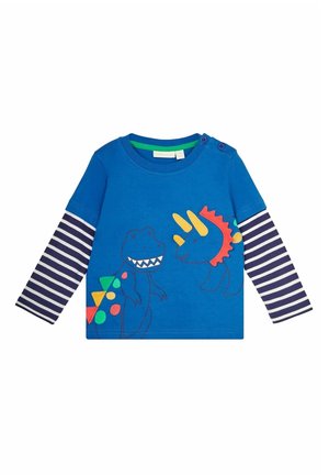 Blaues Langarmshirt für Kleinkinder mit weißen und marineblau gestreiften Ärmeln, mit bunten Dinosaurier-Illustrationen und Schulterknöpfen auf der linken Seite.