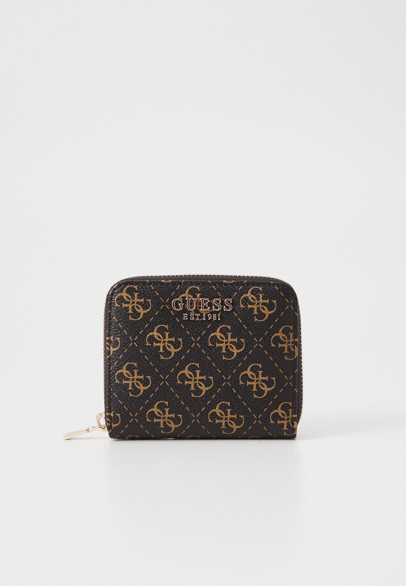 Portafoglio zip-around nero con un esterno texturizzato caratterizzato da un motivo a diamante e dettagli in oro, con dimensioni approssimative di 10 cm per 10 cm.