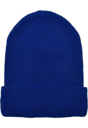 Blå strikket beanie-hat med et struktureret mønster, der har en rullet kant. Blødt materiale med en tætsiddende og sømløs design.