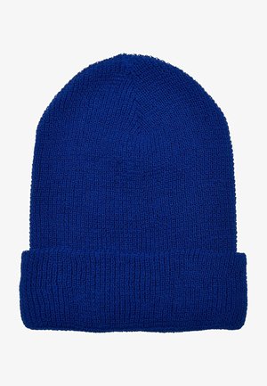 Sinine koetud beanie müts tekstuurse mustriga, millel on keeratud serv. Pehme materjal, tihedalt istuv ja sujuva disainiga.