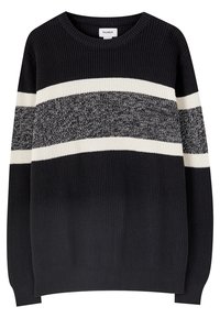 Pull noir en tricot avec un col rond présentant de larges rayures horizontales crème et gris. Tissu texturé avec des poignets et un ourlet côtelés.