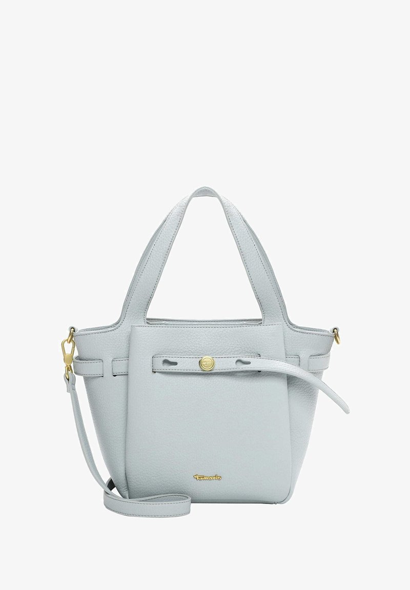 Světlá šedá kožená kabelka s dvěma horními uchy, odnímatelným popruhem a přední kapsou se zlatým knoflíkem a detaily přišití.