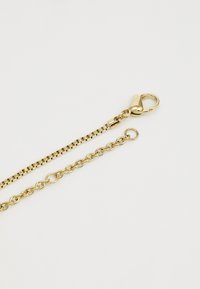 Collana d'oro con chiusura a moschettone e una combinazione di maglie piatte e rotonde. Superficie liscia con una finitura lucida e un colore oro uniforme.