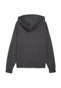 Hoodie in donkergrijs, met lange mouwen, een ontspannen pasvorm en een zachte stoftextuur. De achterkant toont de naad en het ontwerp van de capuchon.