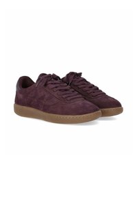 Sneakers in suede viola con una finitura liscia, dotate di suola in gomma, punta tonda e lacci piatti. Dettagli di design discreti sui lati.