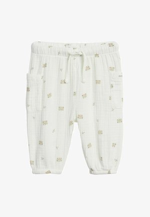 Witte babybroek met elastische tailleband en pijpboorden, trekkoord aan de voorkant, zijzakken en een beige patroon van beren en takken.