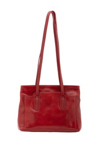 Borsa a spalla in pelle rossa con una texture liscia, due manici, forma rettangolare e dettagli di cucitura sottili sui lati.