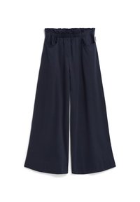 Marinefarbene weite Hosen mit elastischem Bund, zwei Fronttaschen und einer glatten Textur. Sie zeichnen sich durch eine lockere Passform und klare Linien aus.