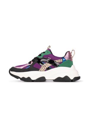 Chunky Sneaker mit einem schwarzen Mesh-Obermaterial, lila, grünen und silbernen Akzenten sowie einer weißen Sohle. Verfügt über ein gepunktetes Muster und eine Zuglasche.