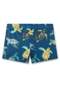 Schwimmshorts in Dunkelblau mit einem wiederholten Schildkrötenmuster in Gelb, Türkis und Schwarz. Aus dehnbarem Material gefertigt, mit einem elastischen Bund.