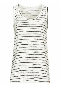 Biała koszulka na ramiączkach w czarne poziome paski, okrągły dekolt i bez rękawów. Wykonana z organicznej bawełny o miękkiej teksturze.