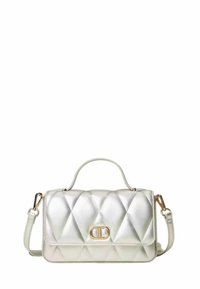 Borsa in metallizzato argento con motivo a rombi, hardware dorato e manico superiore. Presenta una tracolla staccabile per una maggiore versatilità.