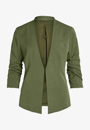 Blazer verde oliva con mangas tres cuartos fruncidas y parte frontal abierta, corte entallado y textura de tela suave.