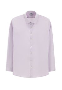 Camicia a maniche lunghe di colore viola chiaro realizzata in tessuto morbido, con colletto a punta, chiusura frontale con bottoni e orlo arrotondato. Presenta sette bottoni bianchi.