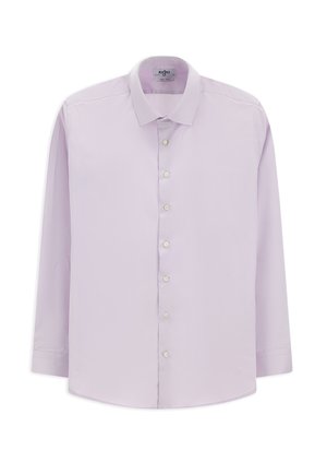 Lichtpaarse lange mouwen shirt gemaakt van een gladde stof met een puntige kraag, knopen aan de voorkant en een ronde zoom. Bevat zeven witte knopen.