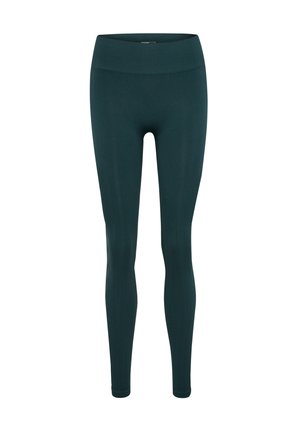 Mørk teal leggings med en tætsiddende design, høj ribbet talje og glat tekstur. Ideel til aktiv eller afslappet brug.