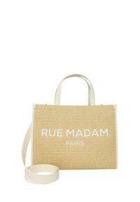 Borsa a rete in paglia beige con il logo bianco "RUE MADAM PARIS." Presenta un design strutturato, manici doppi e una tracolla regolabile.