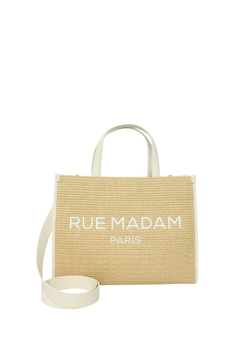 Borsa a rete in paglia beige con il logo bianco "RUE MADAM PARIS." Presenta un design strutturato, manici doppi e una tracolla regolabile.