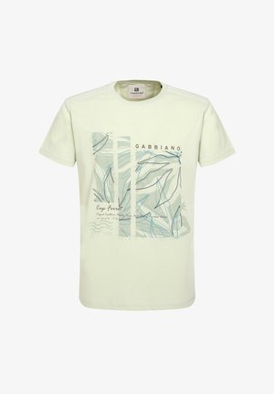 Lys grøn bomulds T-shirt med et grafisk design, der har blå blade og tekst. Korte ærmer og rund halsudskæring, med en blød tekstur.
