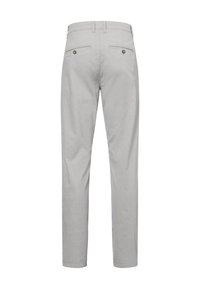 Light grey trousers with a straight leg design, featuring two back pockets and subtle stitching details. Fabric appears smooth with a matte finish.