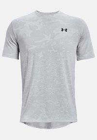 Vaaleanharmaa lyhythihainen t-paita, jossa on hienovarainen armeijakuosi, valmistettu hengittävästä kankaanmateriaalista. Etupuolella on musta logo vasemmassa rinnassa.