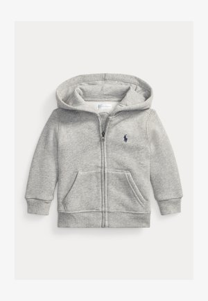 Sudadera de cremallera gris claro hecha de felpa suave; cuenta con una capucha forrada en jersey, bolsillos frontales y un logo bordado en azul marino en el pecho.