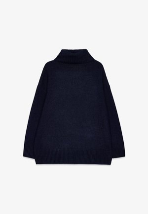 Námornícky modrý rolák s rebrovanou textúrou, vo voľnom strihu a zníženými ramenami. Hladká tkanina s hrubým pleteným golierom a lemom.