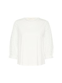 White short-sleeve shirt with solid body and textured, embroidered lace puff sleeves. Features a round neckline and gathered sleeve cuffs.