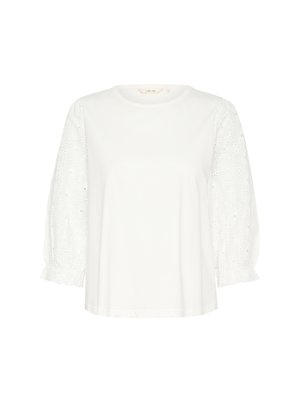 Vit kortärmad skjorta med enfärgad kropp och texturerade, broderade spetsskuffar. Har rund halsringning och draperade ärmslut.