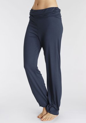 Navyblauwe, loszittende broek met een gedrapeerde, verzamelde tailleband. Gemaakt van zachte, gladde stof, met een brede pijpdesign en enkelgather.