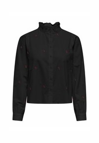 Blusa nera a maniche lunghe con colletto alto arricciato, chiusura con bottoni e piccole ricompense floreali rosse sparse sul tessuto.