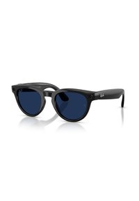 Occhiali da sole Ray-Ban neri con lenti rotonde, lenti oscurate di colore blu scuro e un sottile dettaglio del logo sulla montatura. Costruzione in plastica leggera.
