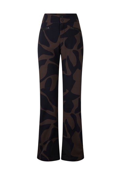 Camo-patterned pants in dark brown and black, made from stretchy material, feature a high waist and two zippered pockets.