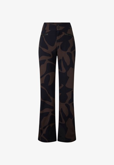 Camo-patterned pants in dark brown and black, made from stretchy material, feature a high waist and two zippered pockets.